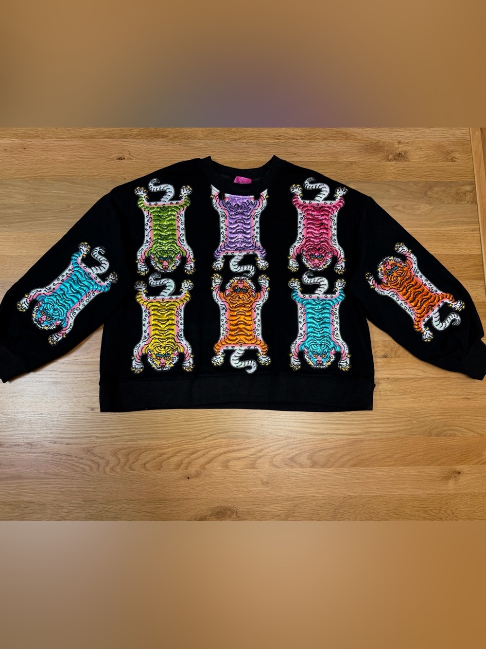 QUEEN OF SPARKLES Black Crewneck Sweater with Multicolor Tiger Embroidery